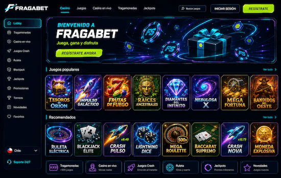 Lobby de Fragabet Casino Chile con tragamonedas, juegos de casino, jackpots y promociones online.